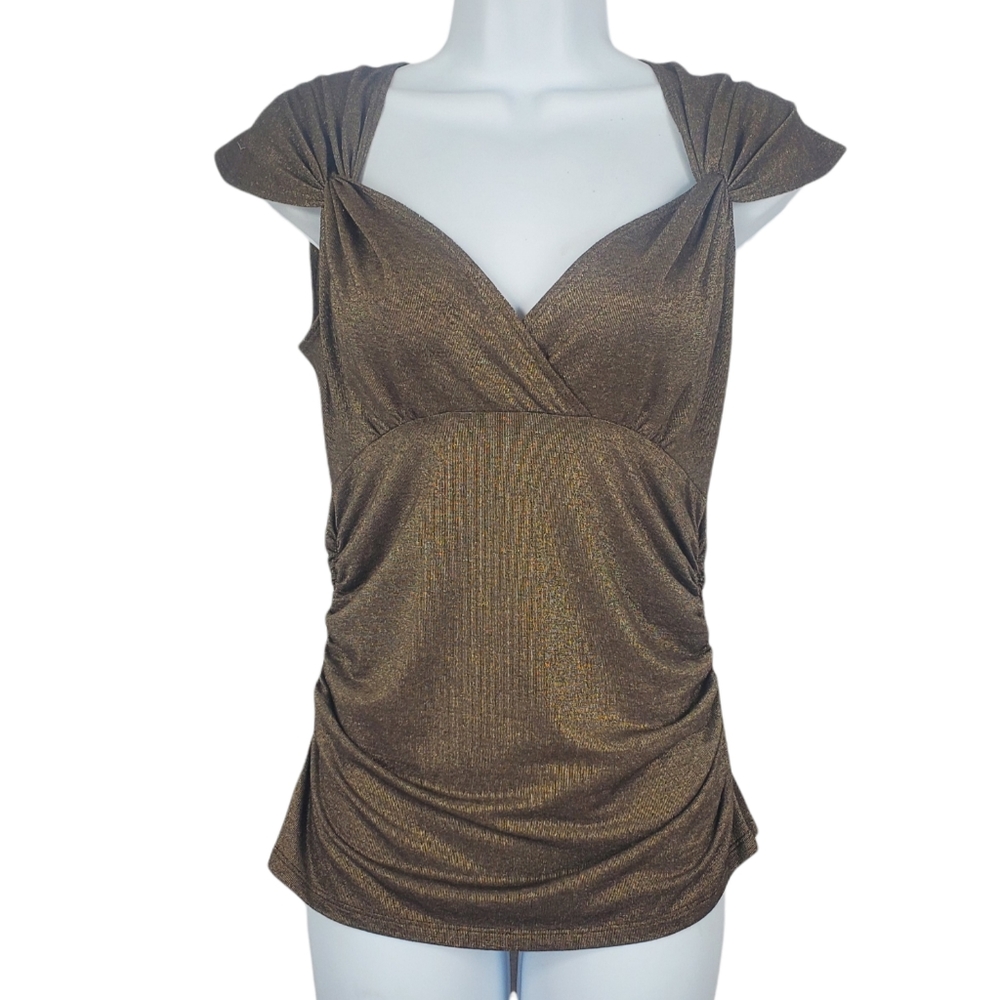 Cache Metallic Bronze Cap Sleeve V-Neck Top
